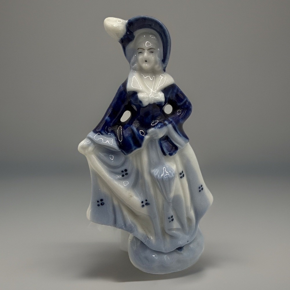 Vintage Occupied Japan Delft Blue Colonial Lady w Umbrella Porcelain Figurine